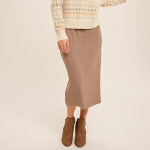 HEM & THREAD Taupe Ribbed Knit Midi Skirt Neutral Bodycon Sweater Skirt